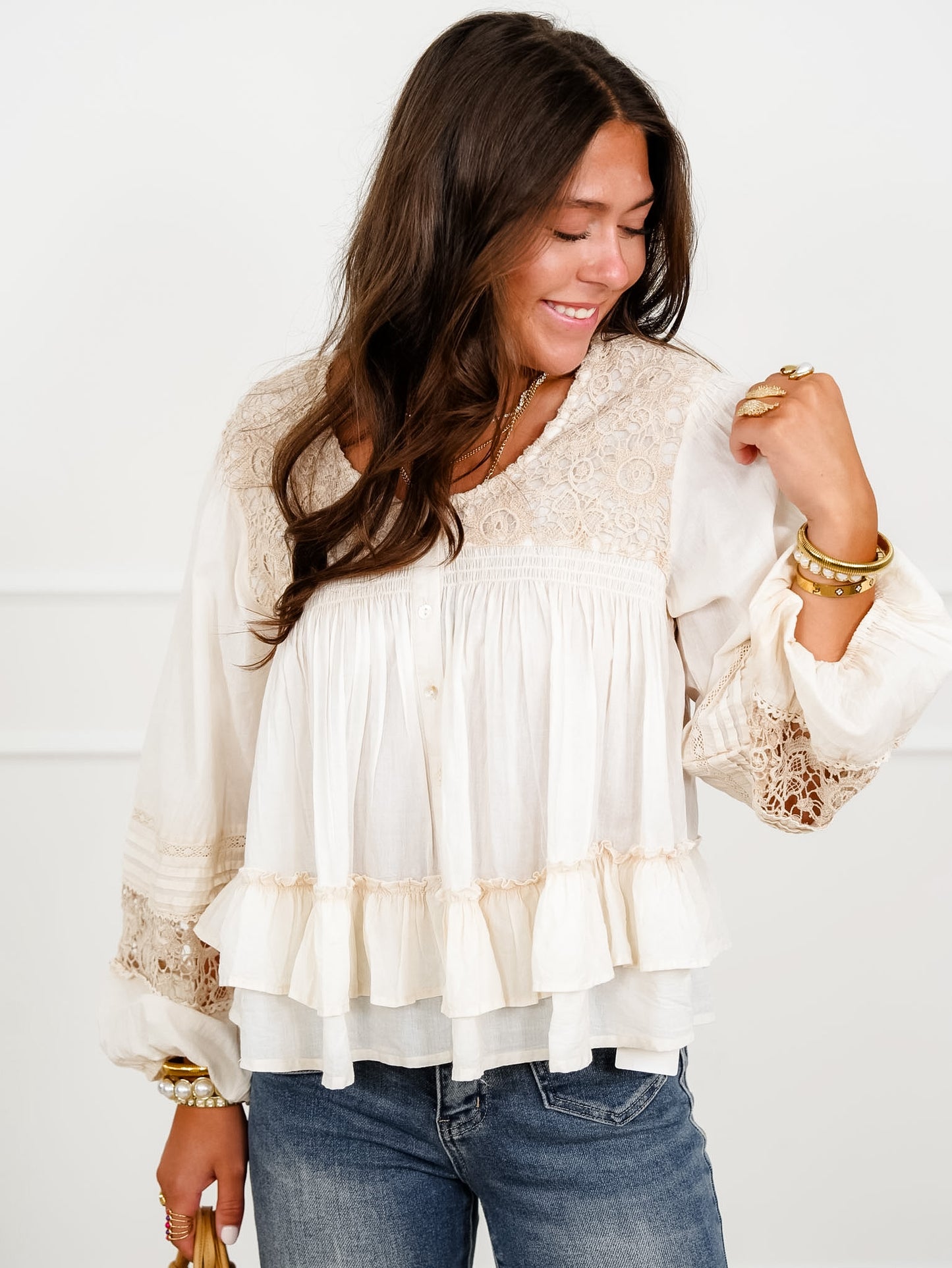 POL Textured Long Sleeve Button Down Blouse