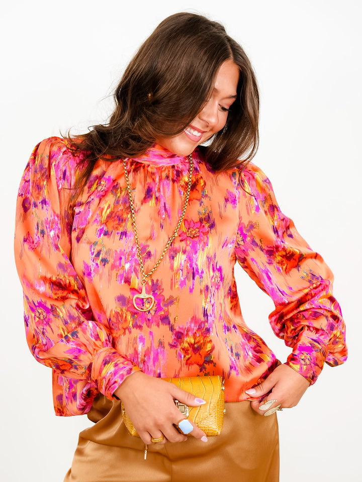 Abstract Print Long Sleeve Mock Neck Top with Bow Tie