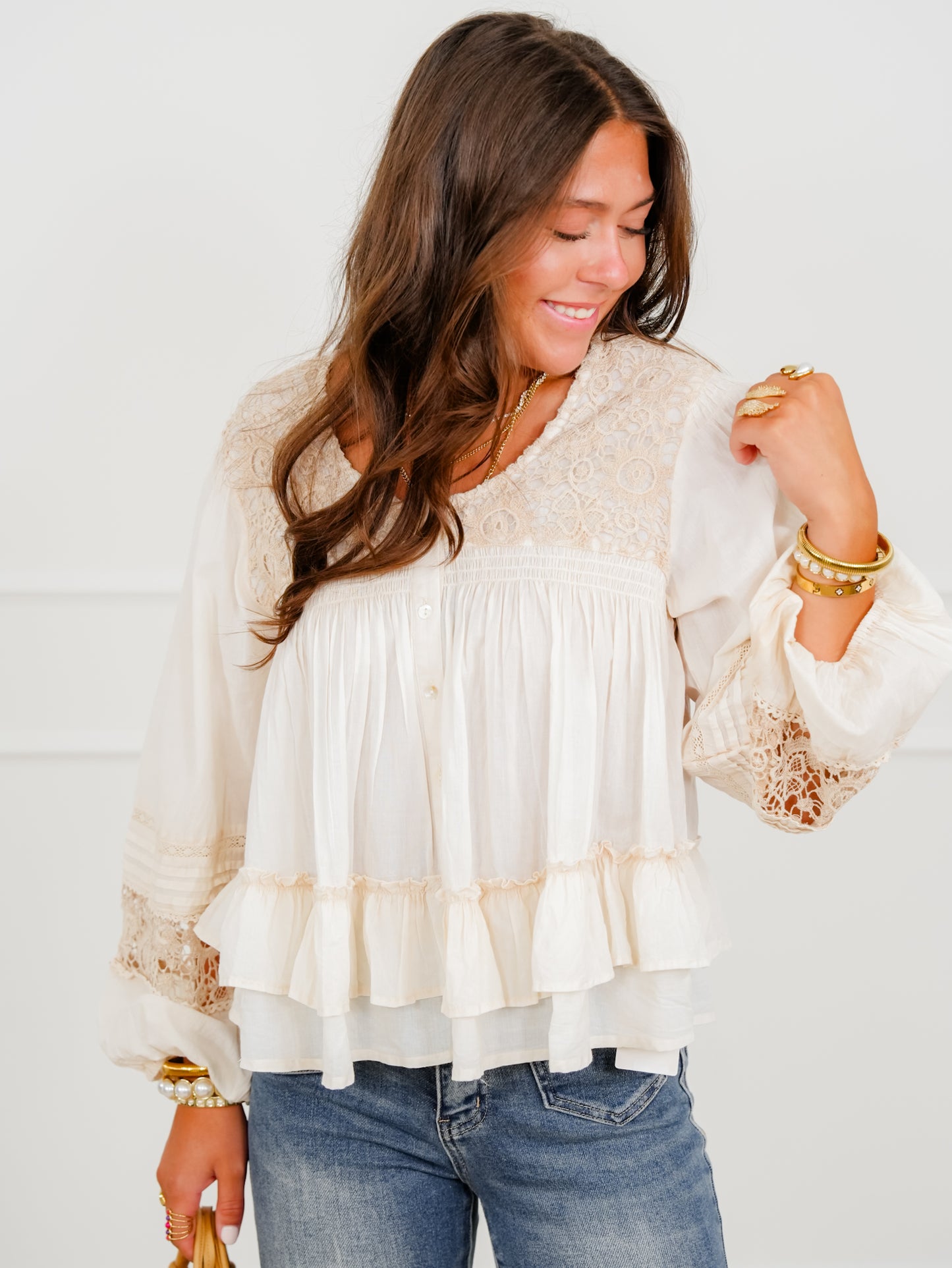 POL Textured Long Sleeve Button Down Blouse