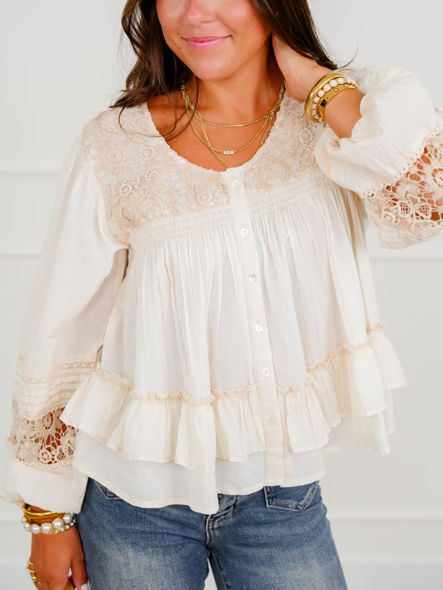 POL Textured Long Sleeve Button Down Blouse