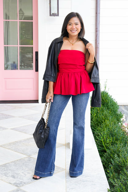 Red Strapless Peplum Top