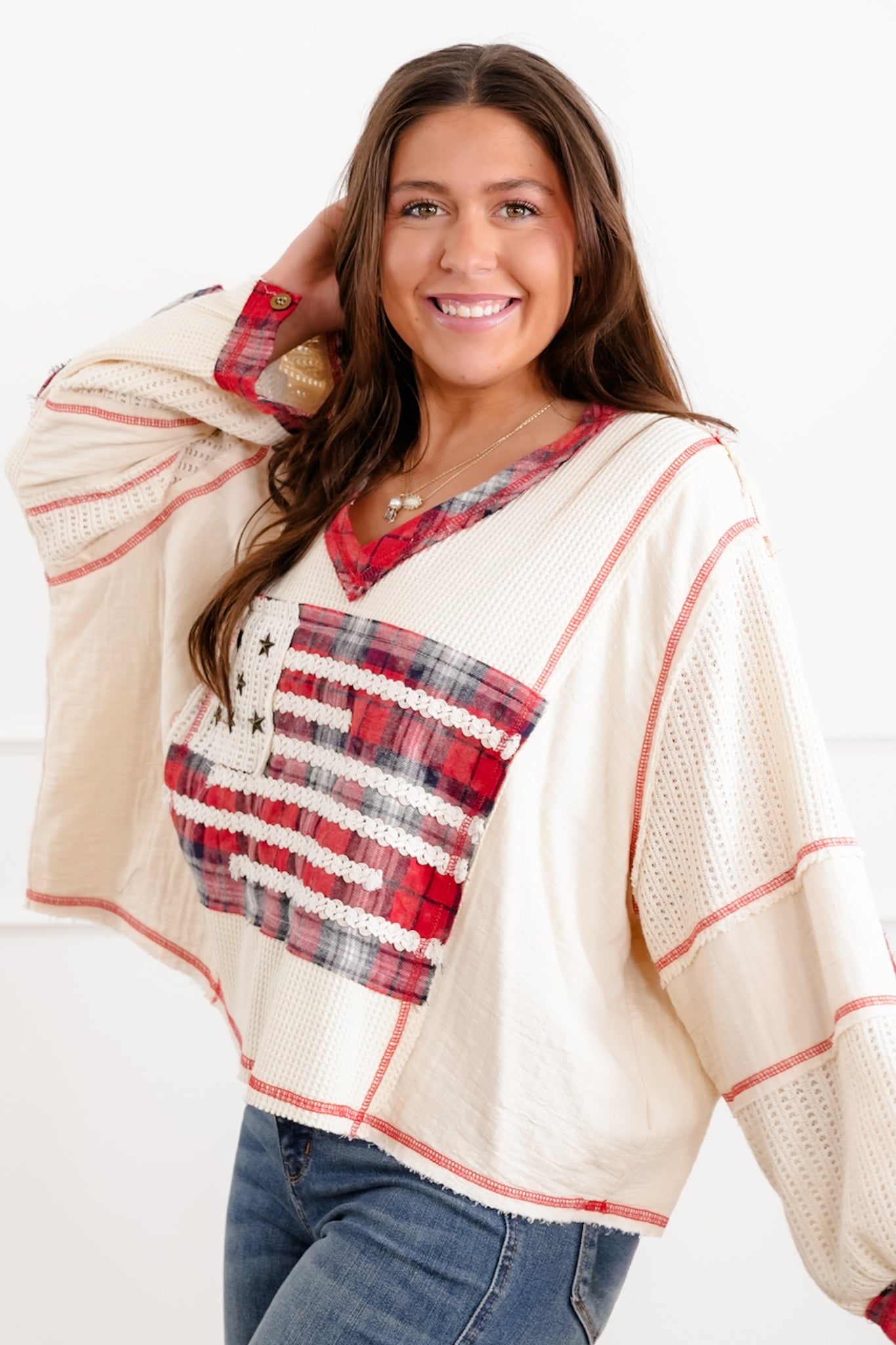 POL Long Sleeve American Flag Patch V Neck Top with Elbow Patches