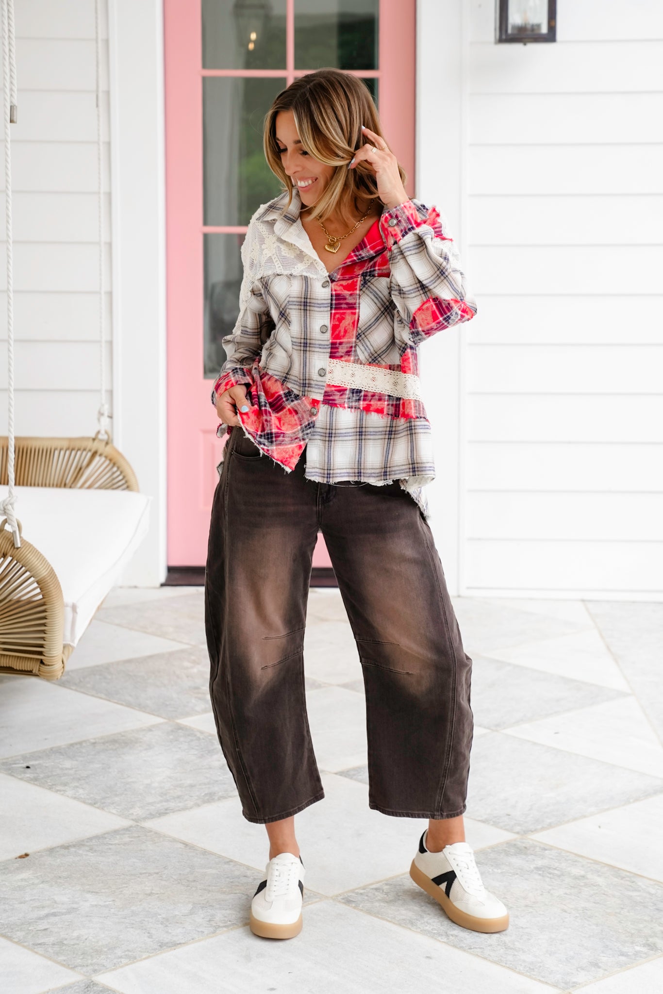 POL Plaid and Lace Long Sleeve Button Down Shacket