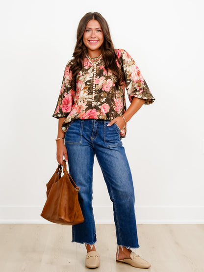 Plus/Reg Floral Print With Solid Contrast Collar Bubble Sleeve Top