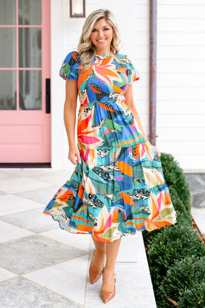 Tropical Print Short Bubble Sleeves Midi Dress – Freckled Poppy