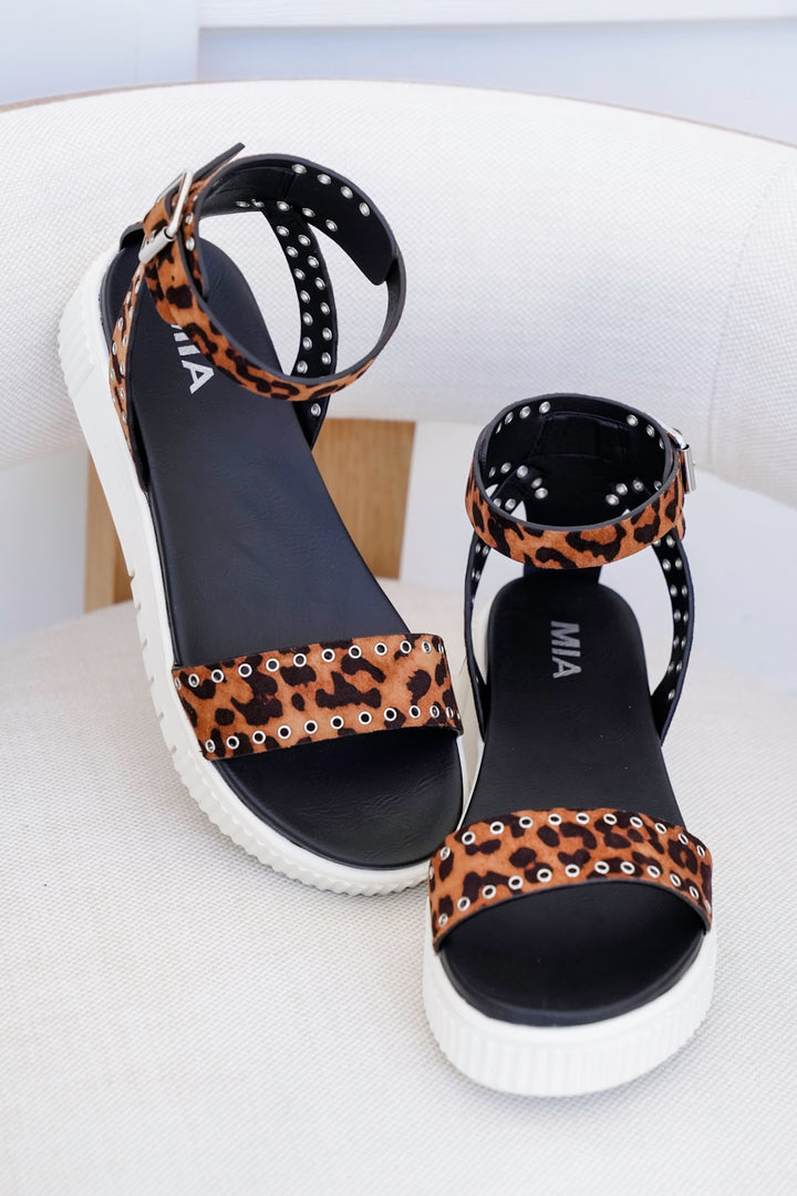 MIA Leopard Platform Sandal with Ankle Strap and Studded Detailing