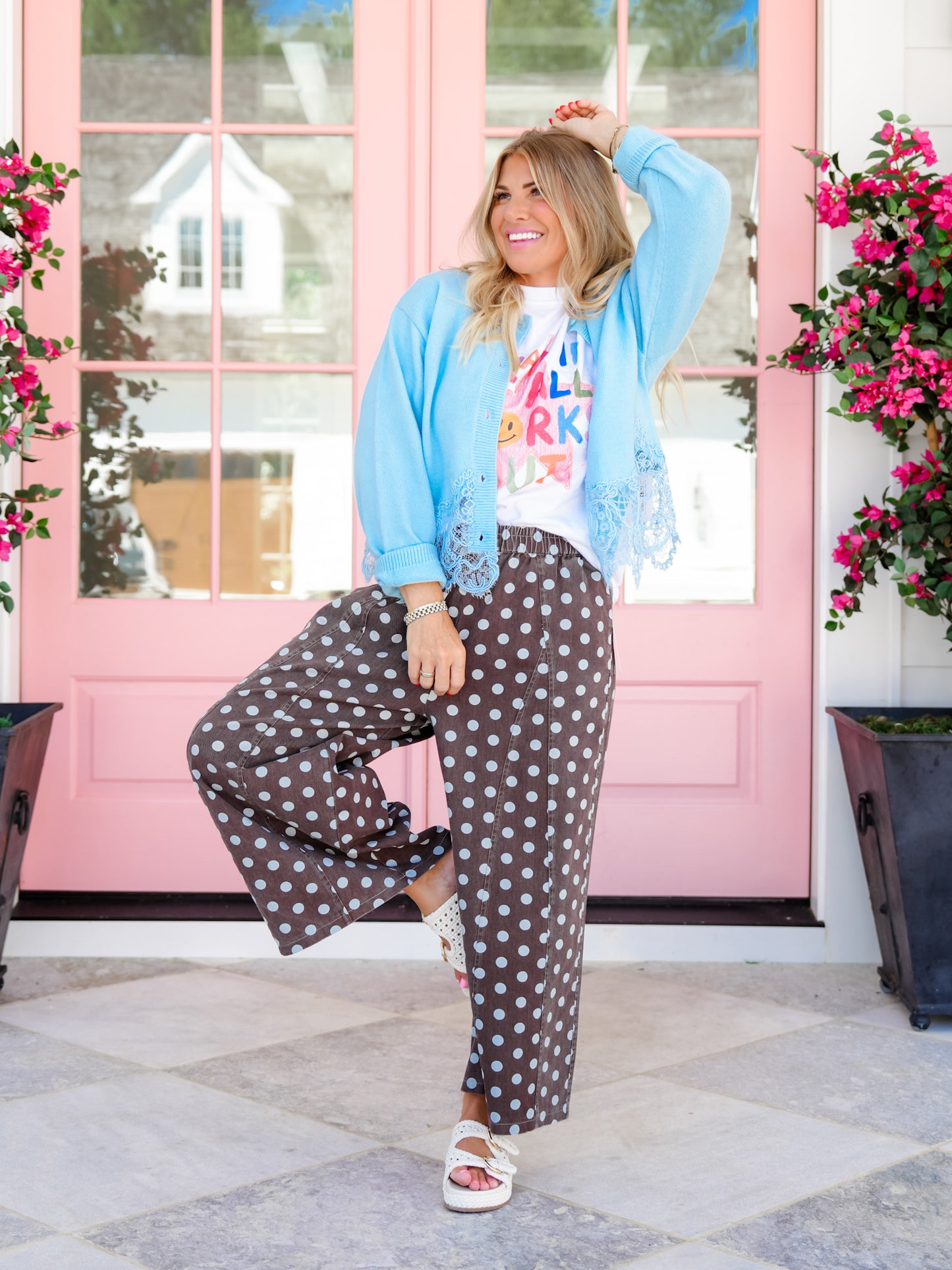 Polka Dot Elastic Waist Wide Leg Cropped Pants