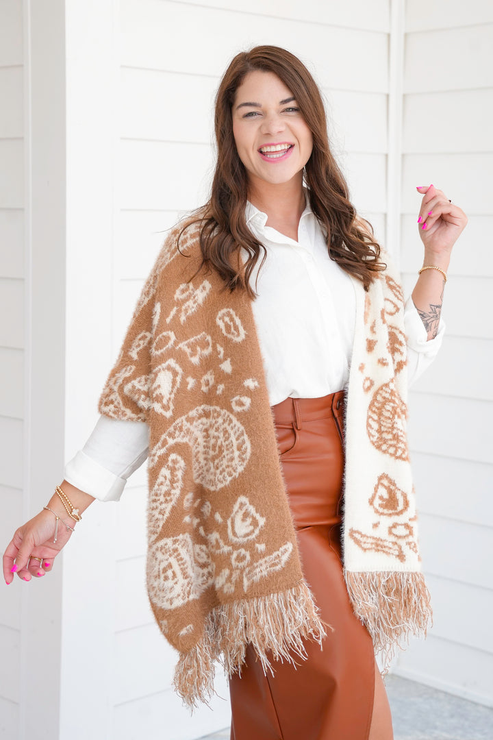 POL Paisley Print Open Front Poncho Cardigan Sweater