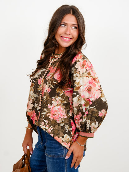 Plus/Reg Floral Print With Solid Contrast Collar Bubble Sleeve Top