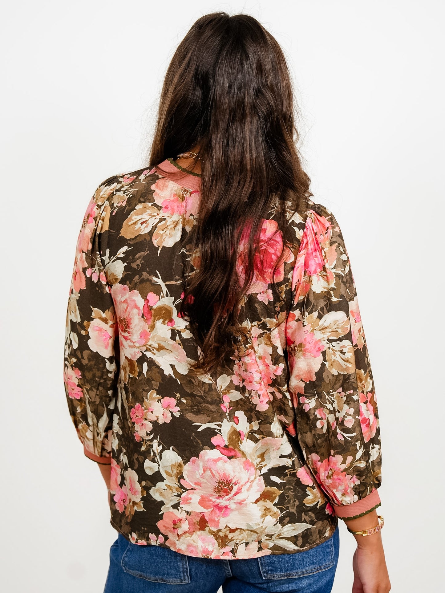 Plus/Reg Floral Print With Solid Contrast Collar Bubble Sleeve Top