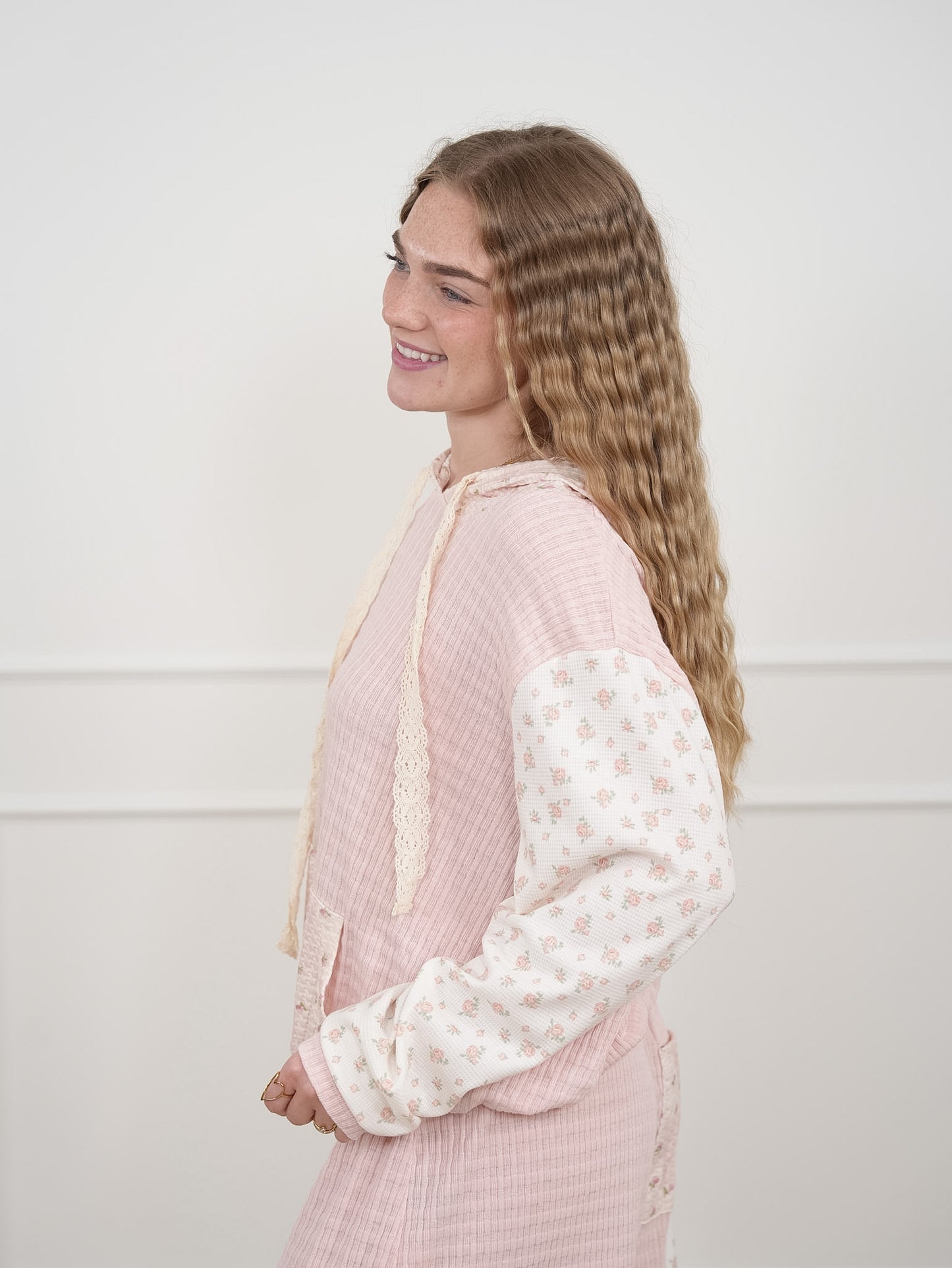 POL Knit Long Sleeve Hooded Top with Floral Detail