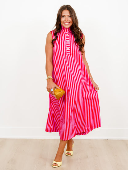 Stripe Sleeveless Button Up Midi Dress with Stand Up Collar