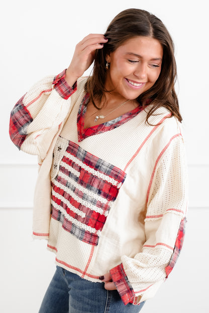 POL Long Sleeve American Flag Patch V Neck Top with Elbow Patches