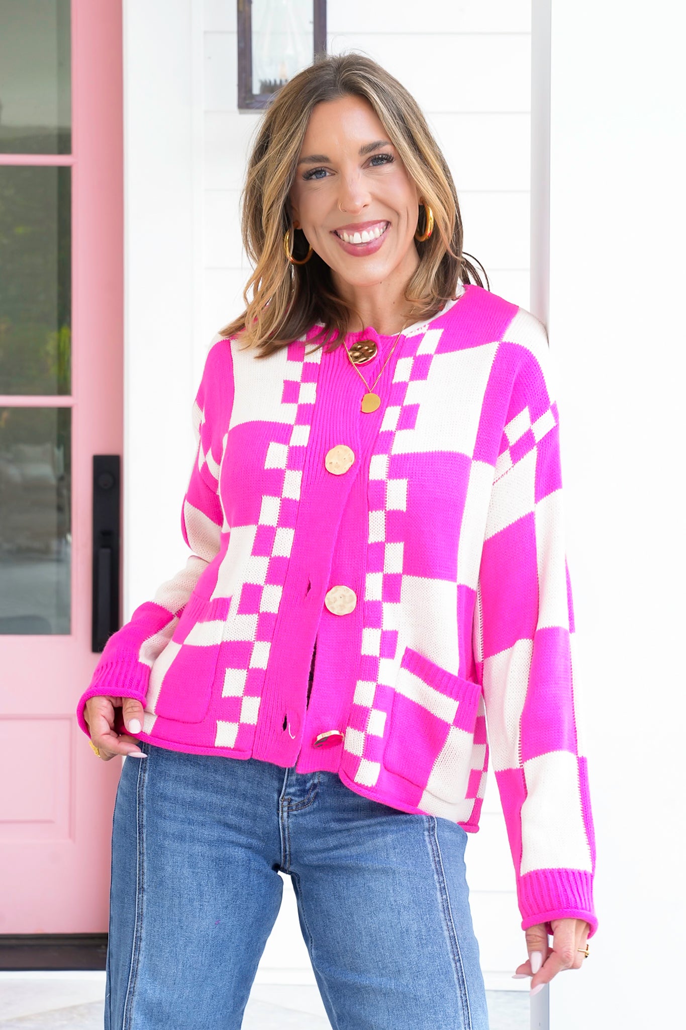 Long Sleeve Checkered Button Down Sweater