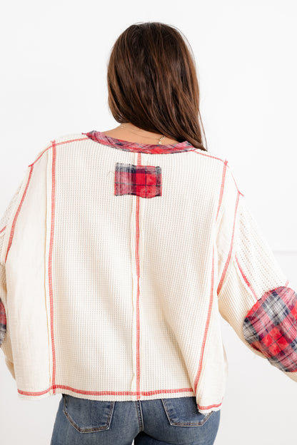 POL Long Sleeve American Flag Patch V Neck Top with Elbow Patches