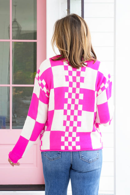 Long Sleeve Checkered Button Down Sweater