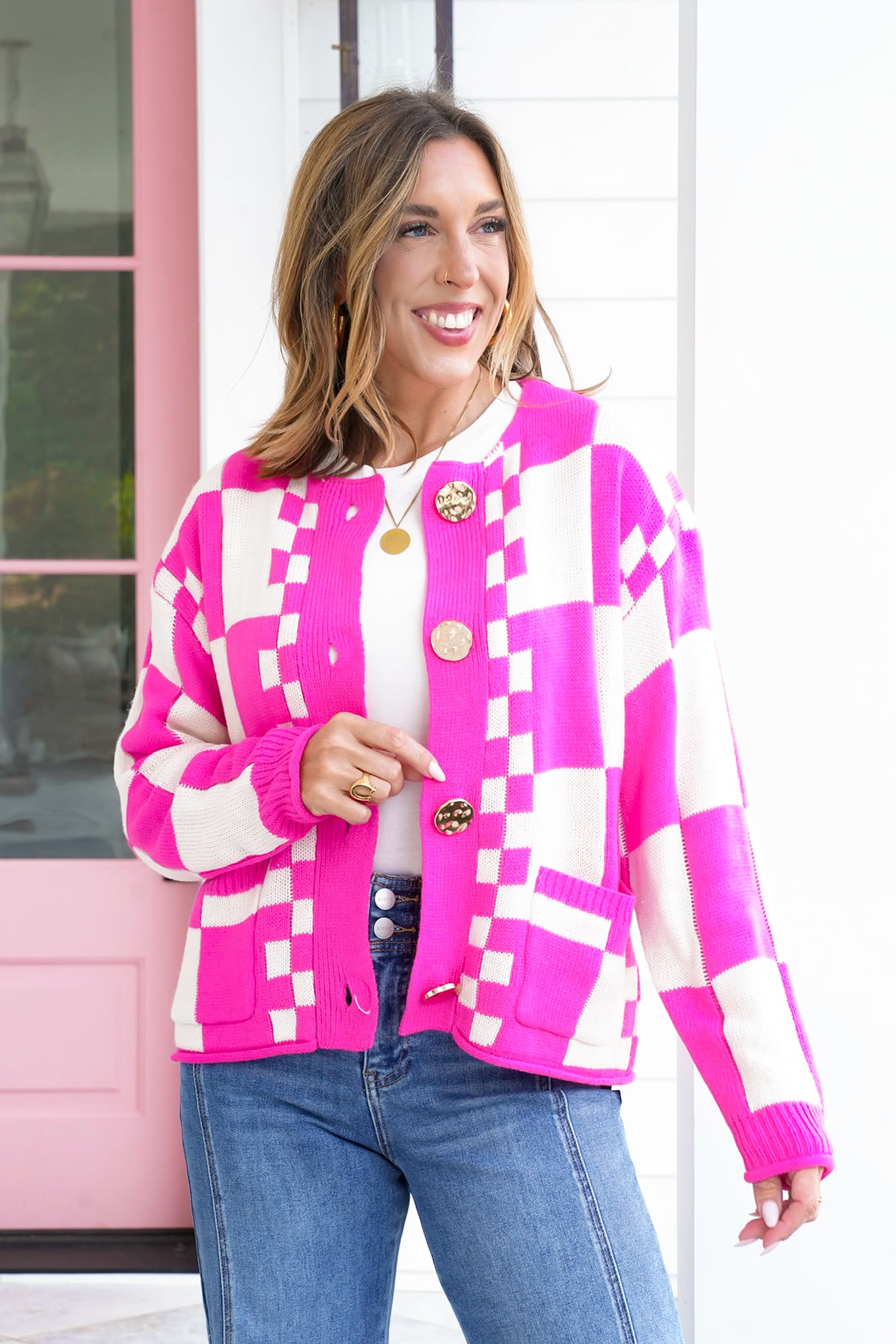 Long Sleeve Checkered Button Down Sweater