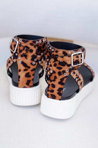 MIA Leopard Platform Sandal with Ankle Strap and Studded Detailing