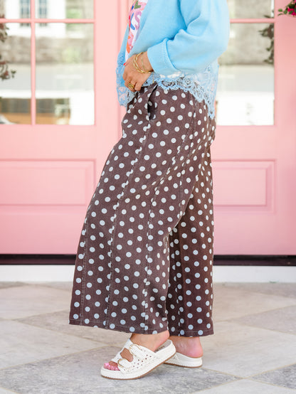 Polka Dot Elastic Waist Wide Leg Cropped Pants