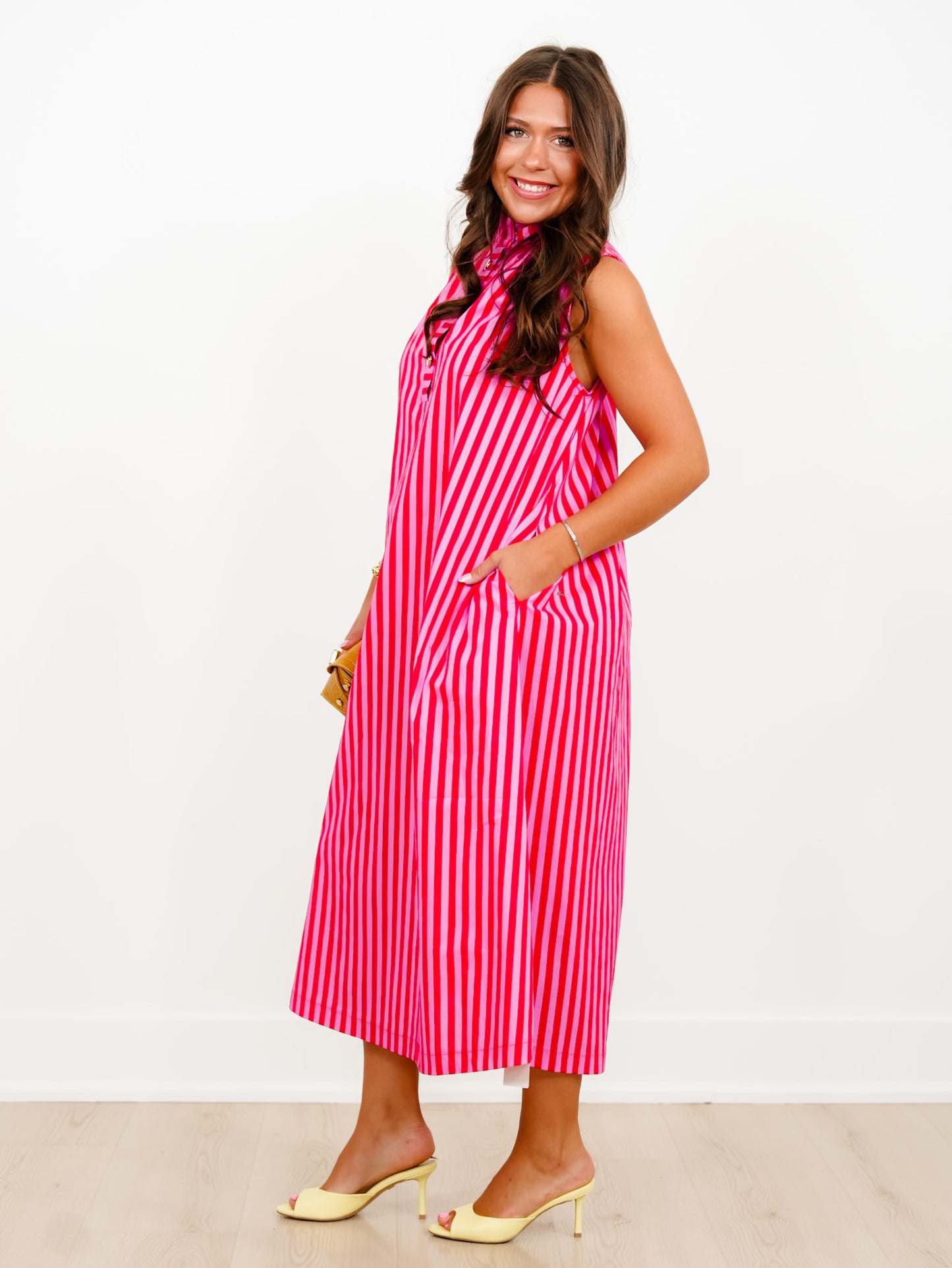 Stripe Sleeveless Button Up Midi Dress with Stand Up Collar