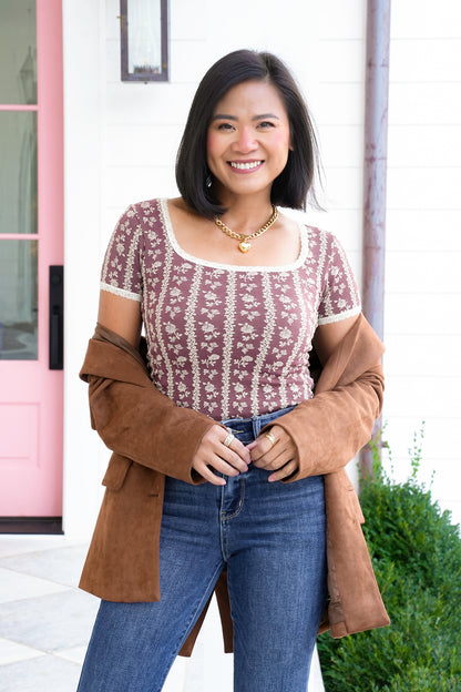 Floral Short Sleeve Lace Trimmed Top