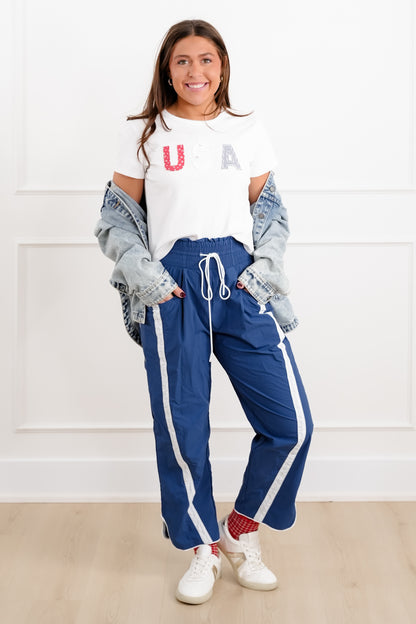 Plus/Reg High Waist Track Pants with Stripes