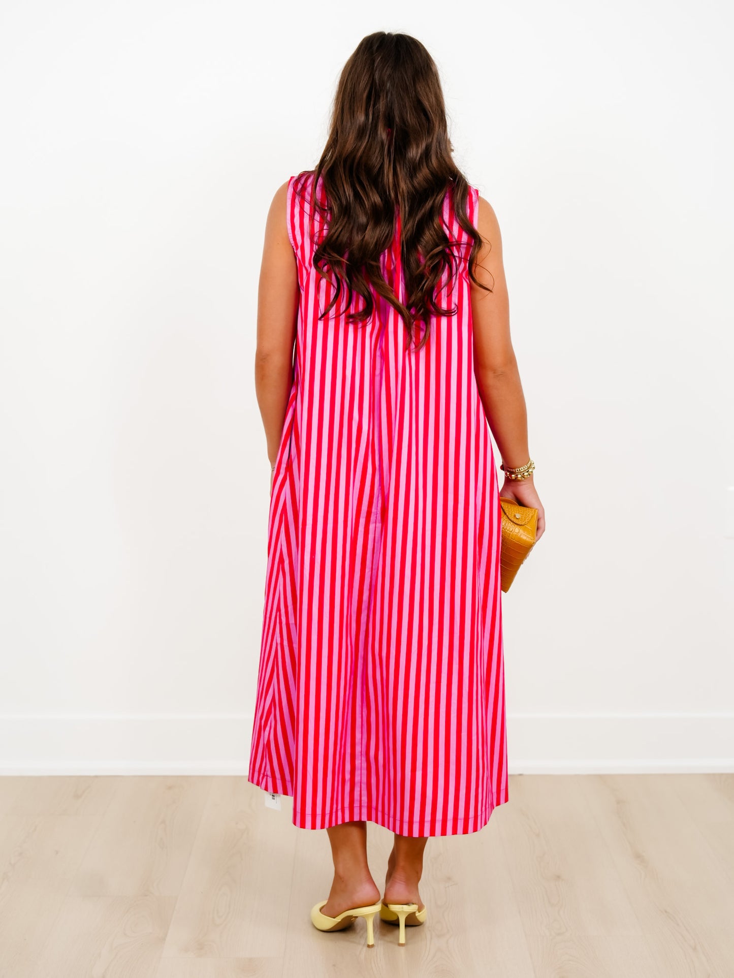 Stripe Sleeveless Button Up Midi Dress with Stand Up Collar