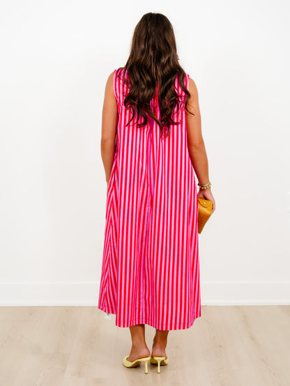 Stripe Sleeveless Button Up Midi Dress with Stand Up Collar
