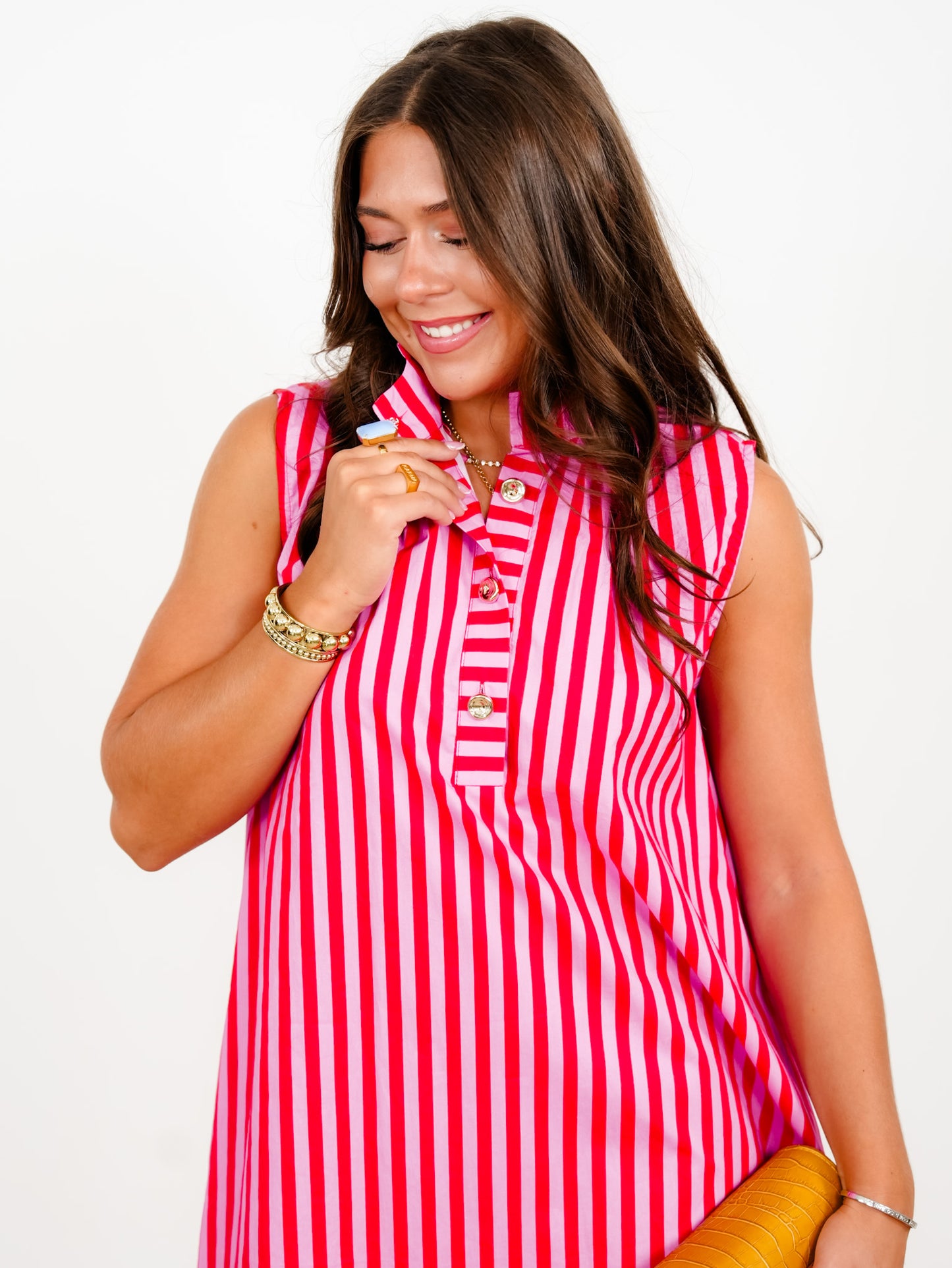 Stripe Sleeveless Button Up Midi Dress with Stand Up Collar