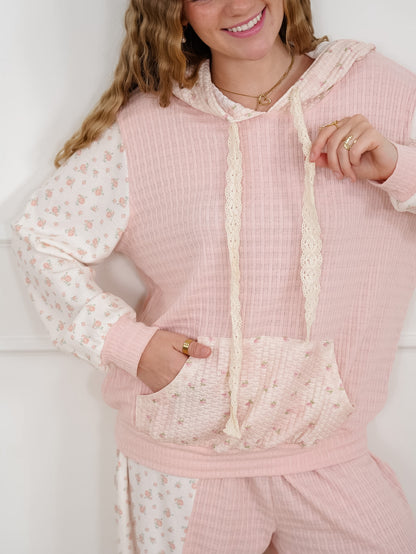 POL Knit Long Sleeve Hooded Top with Floral Detail