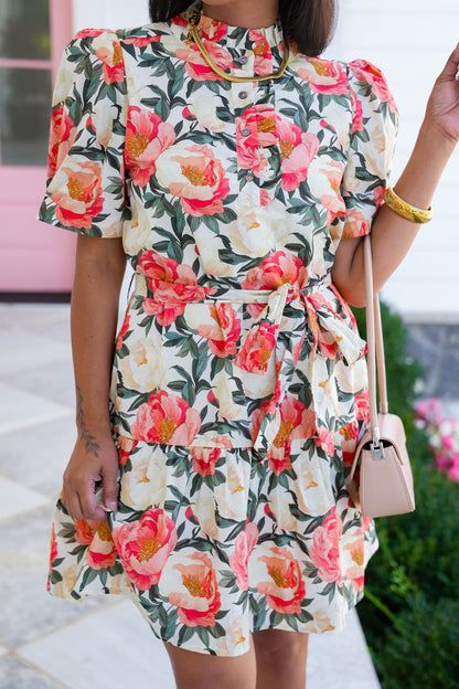 Floral Print Short Puff Sleeve Mini Dress