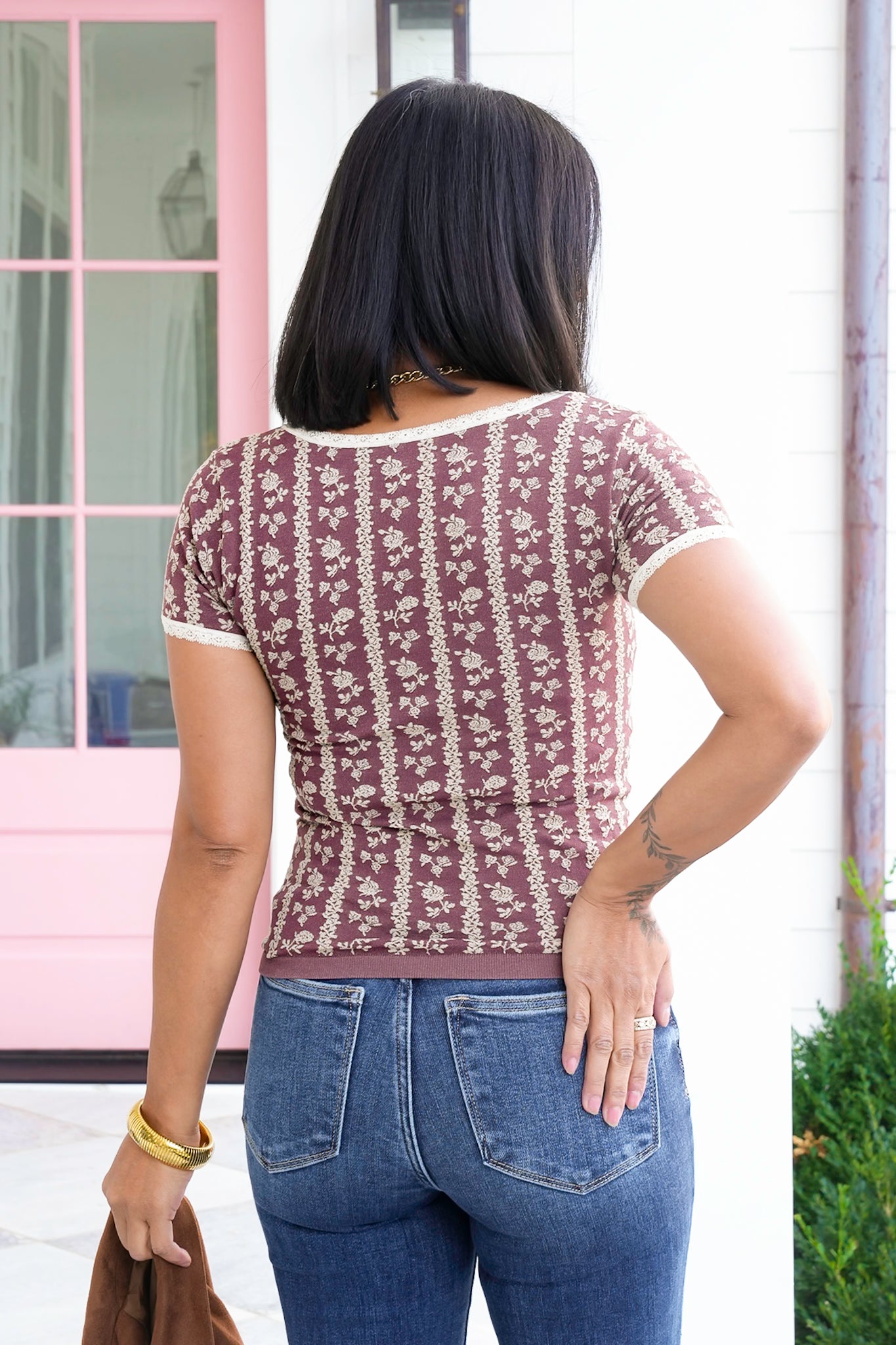 Floral Short Sleeve Lace Trimmed Top
