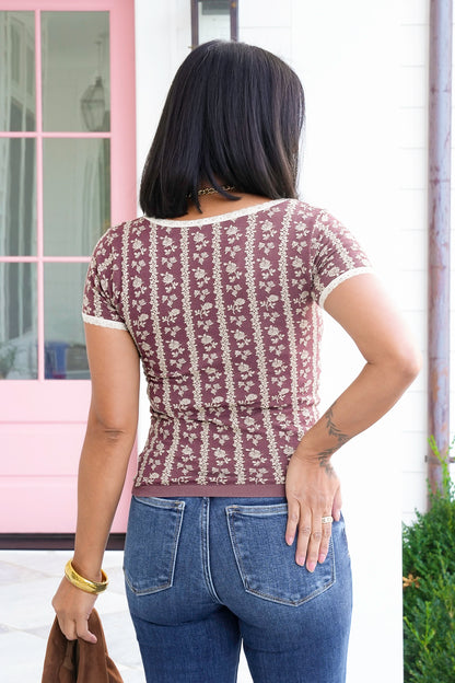 Floral Short Sleeve Lace Trimmed Top