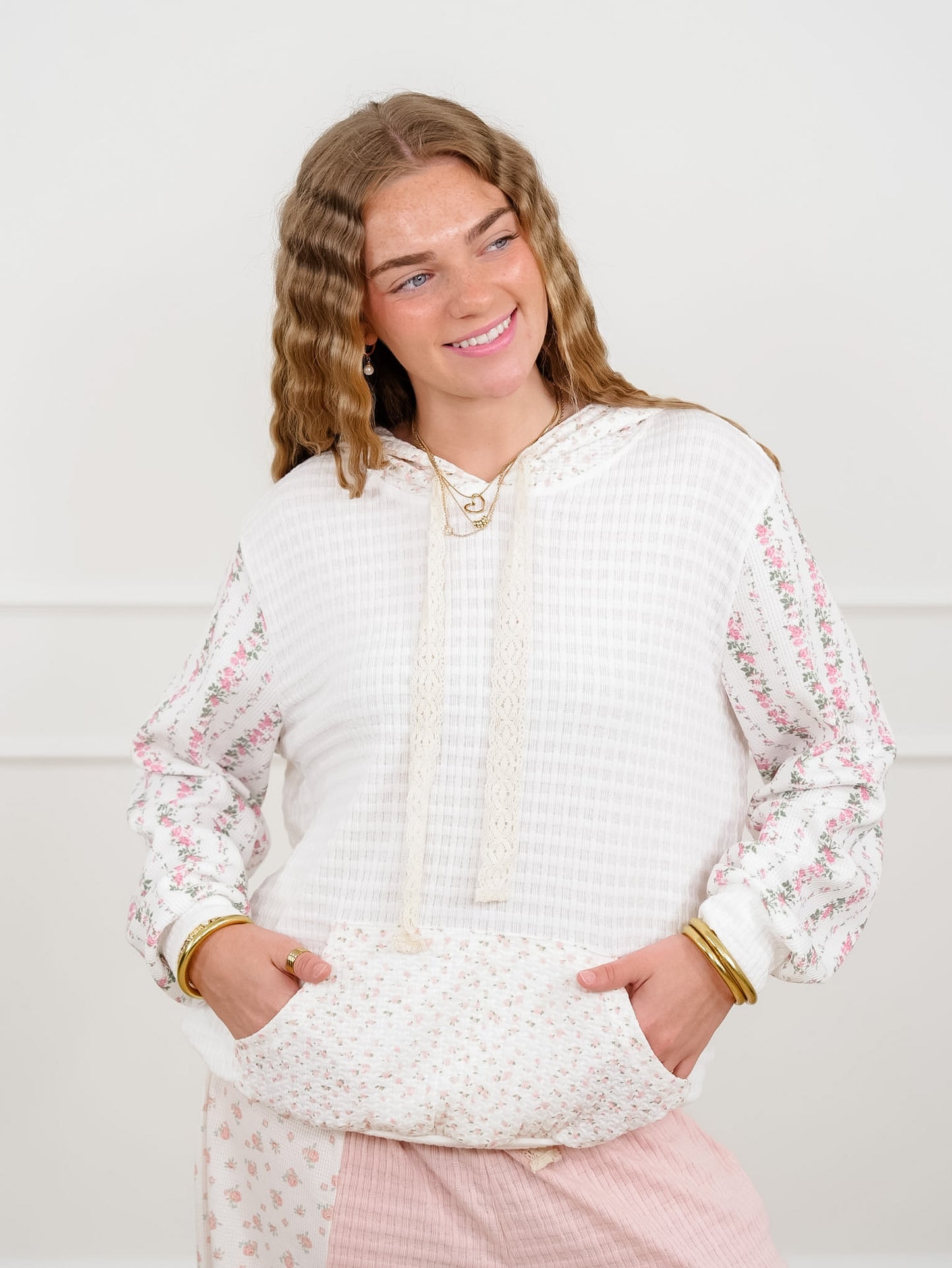 POL Knit Long Sleeve Hooded Top with Floral Detail