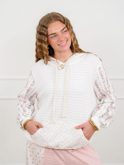 POL Knit Long Sleeve Hooded Top with Floral Detail