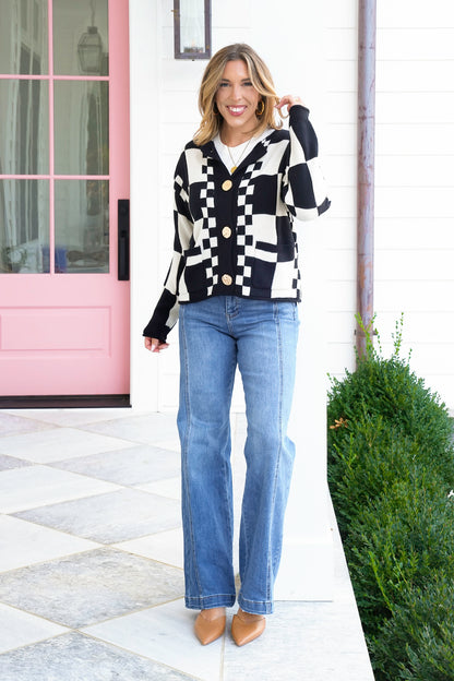 Long Sleeve Checkered Button Down Sweater