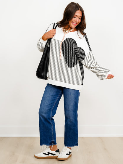 Stripe Long Sleeve Pullover Top with Heart Patch