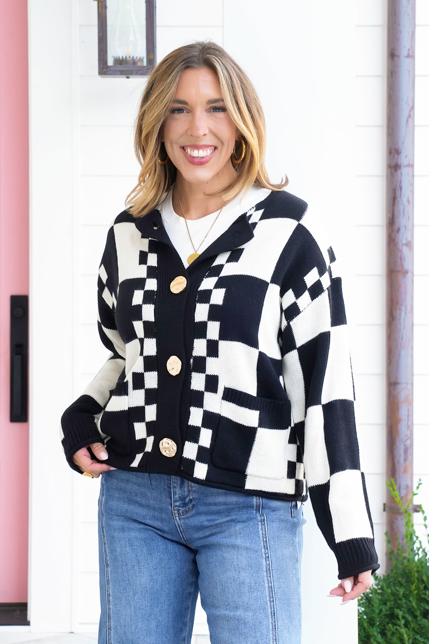 Long Sleeve Checkered Button Down Sweater