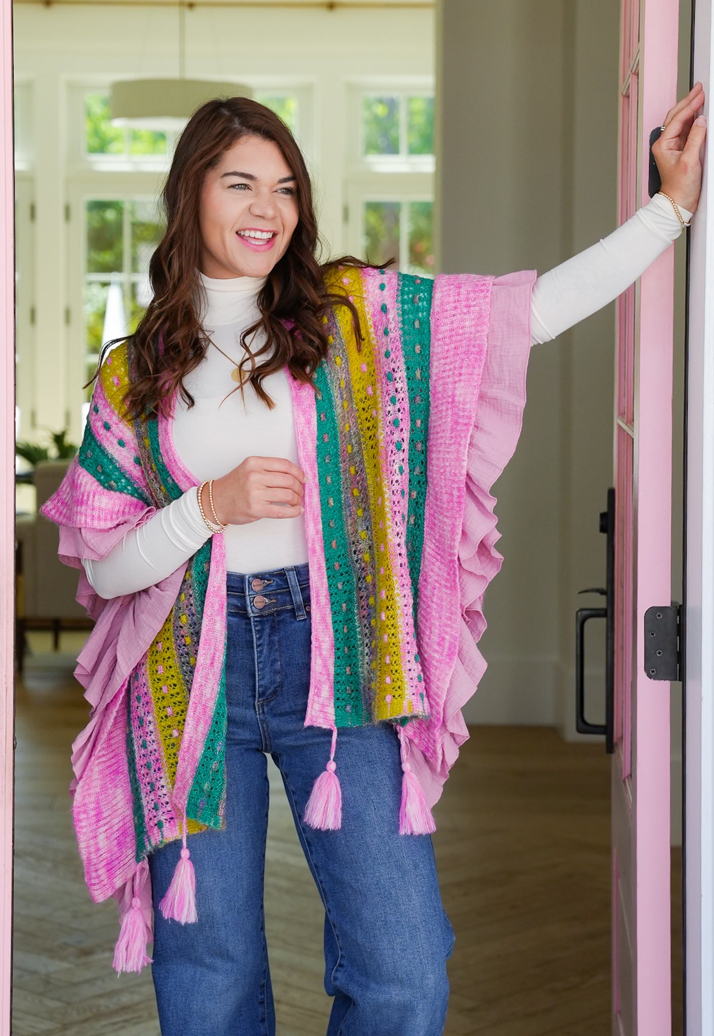 POL Stripe Short Sleeve Open Cardigan with Ruffles