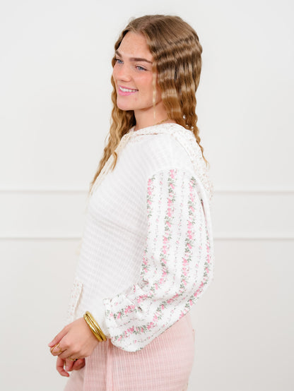 POL Knit Long Sleeve Hooded Top with Floral Detail