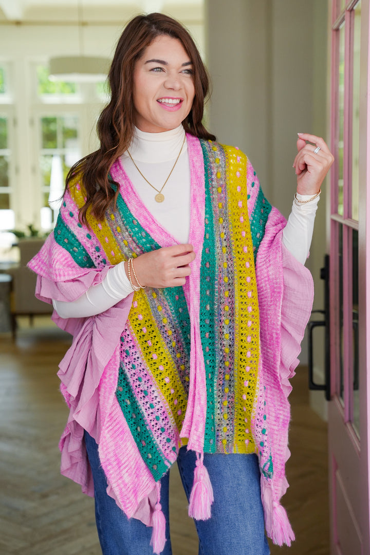 POL Stripe Short Sleeve Open Cardigan with Ruffles