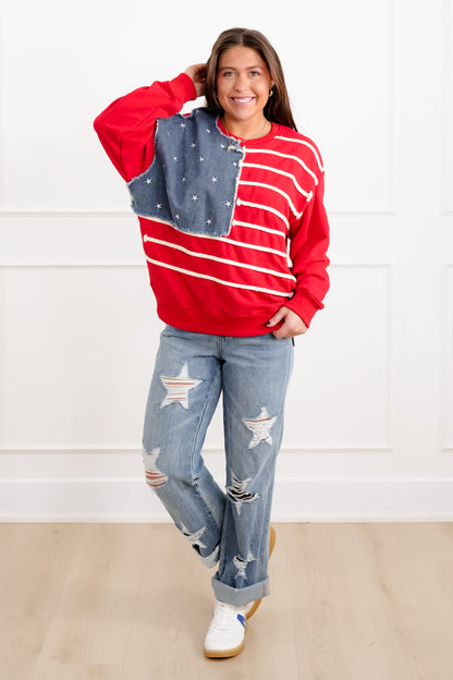 Red Long Sleeve Sweatshirt with American Flag Detail