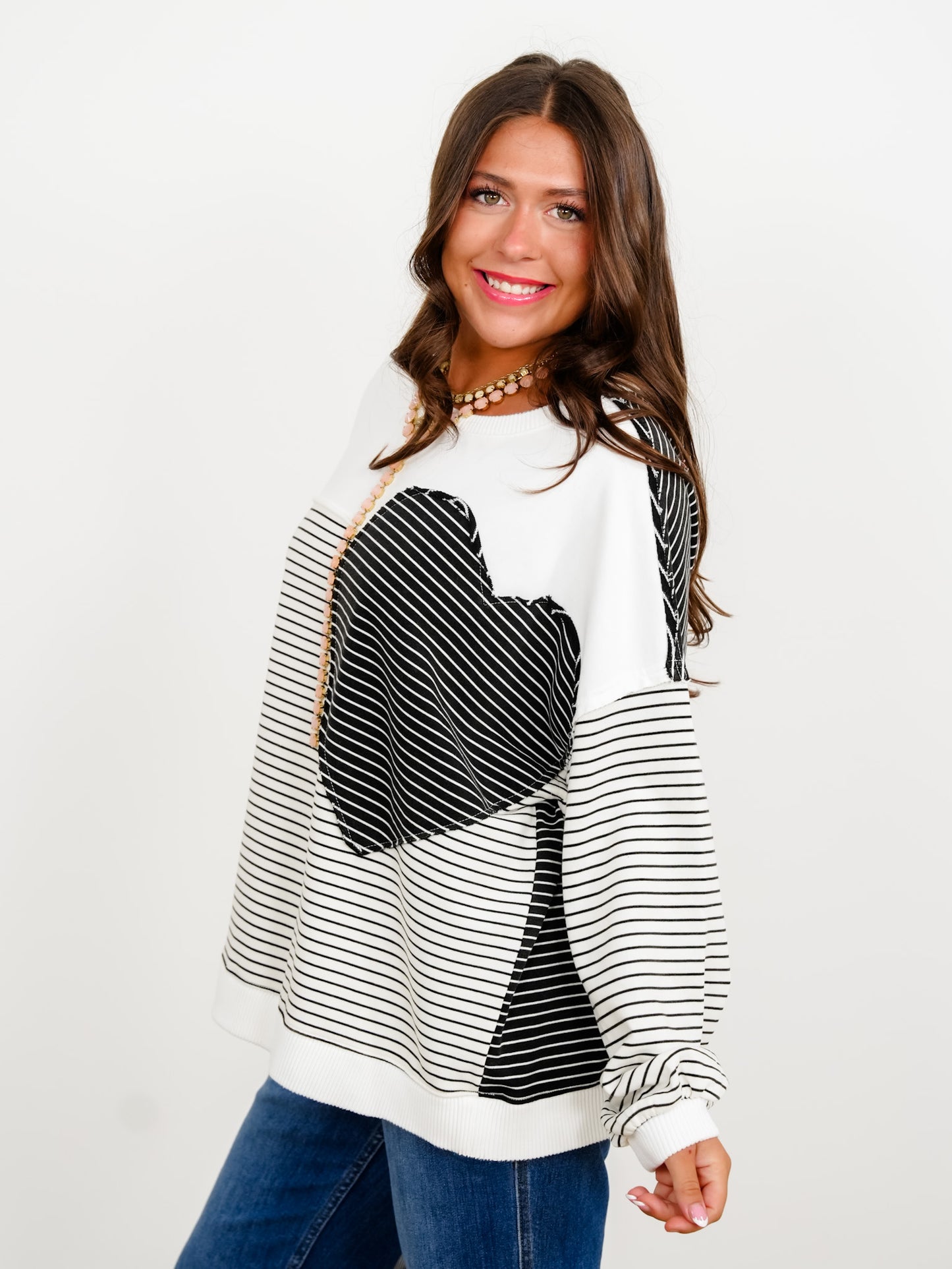 Stripe Long Sleeve Pullover Top with Heart Patch