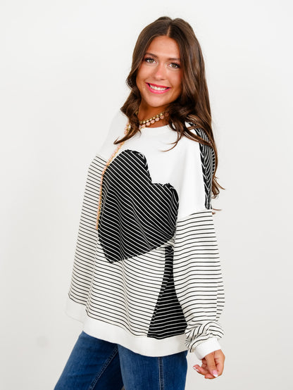 Stripe Long Sleeve Pullover Top with Heart Patch