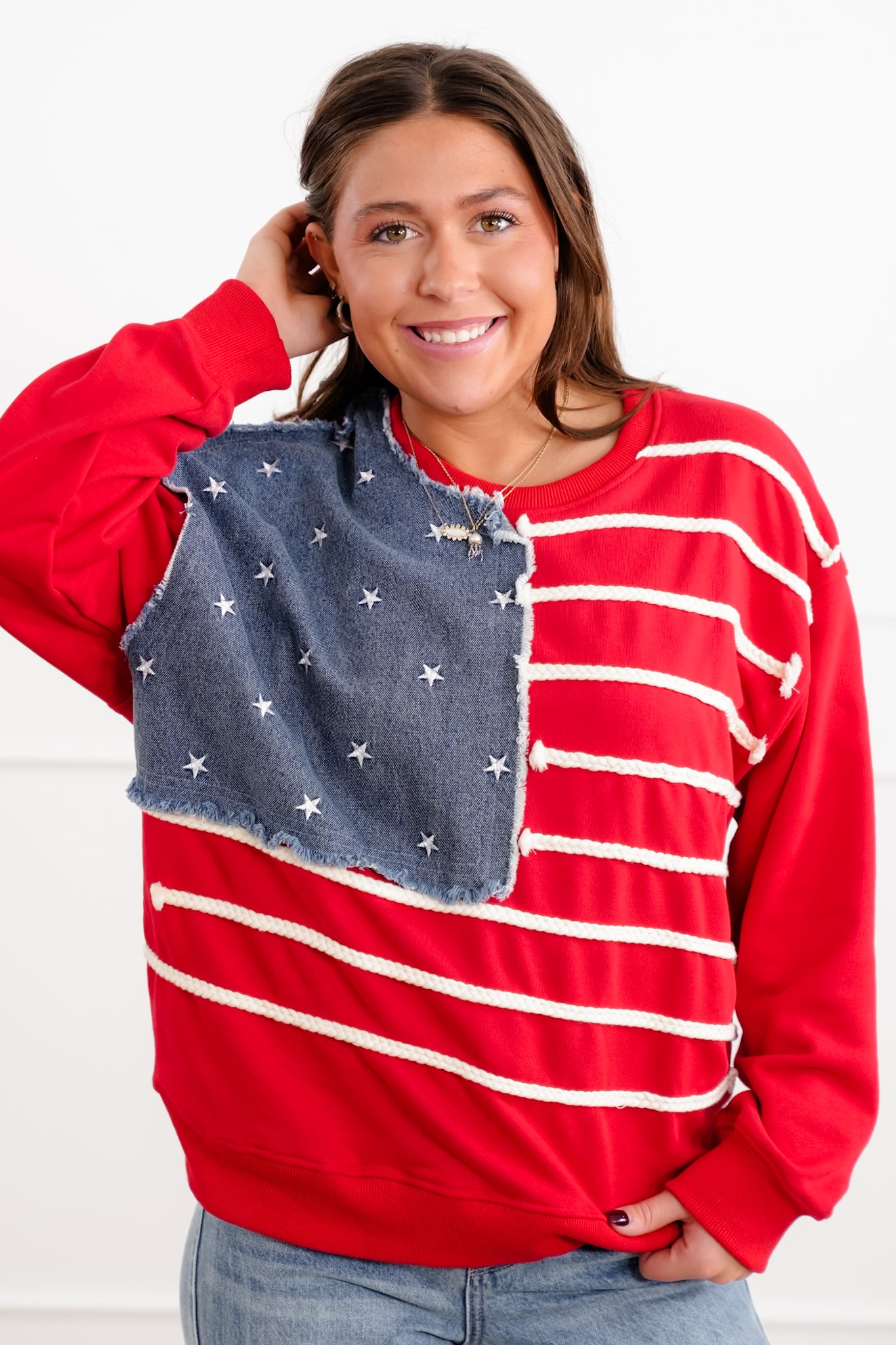 Red Long Sleeve Sweatshirt with American Flag Detail