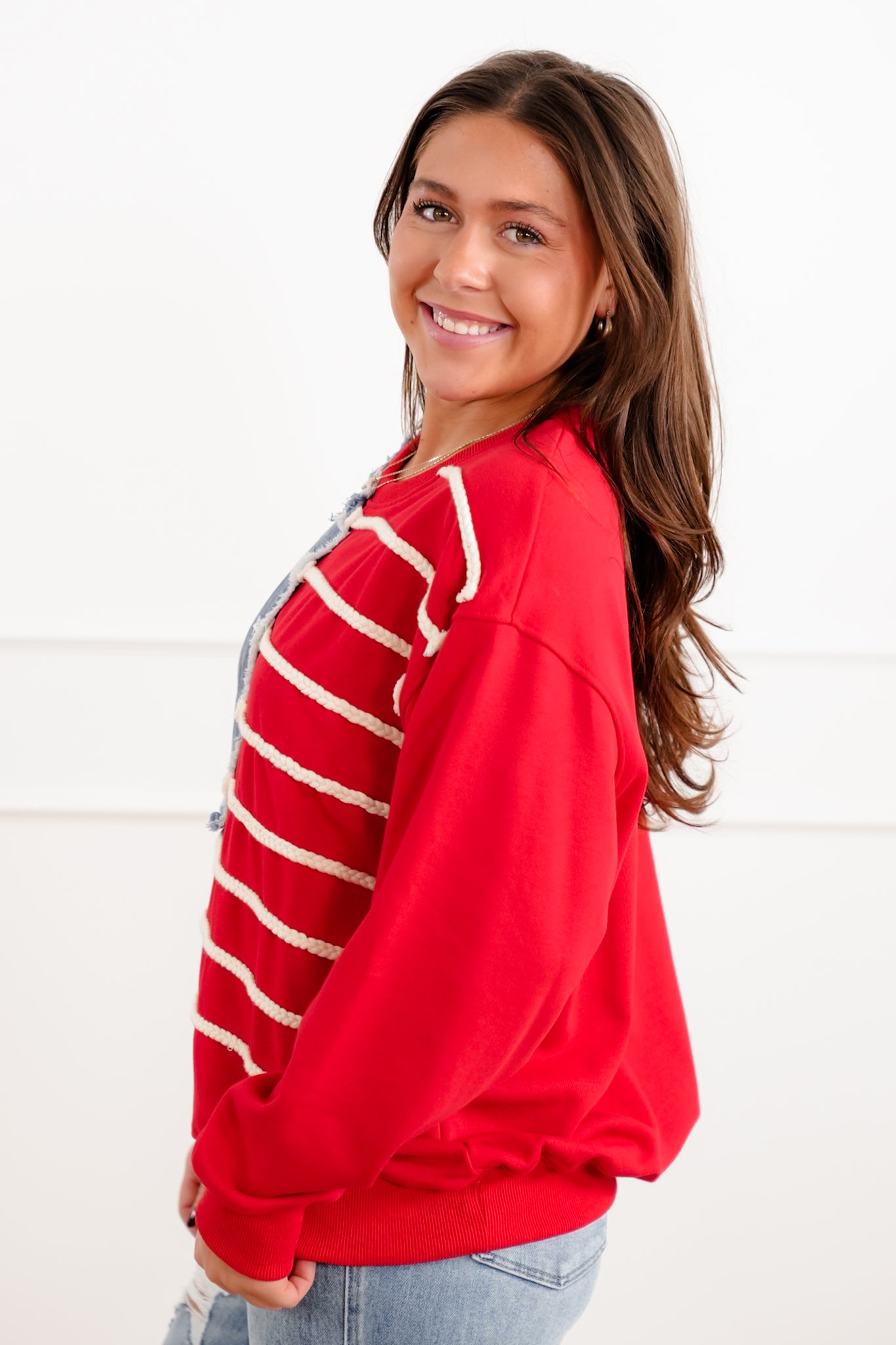 Red Long Sleeve Sweatshirt with American Flag Detail