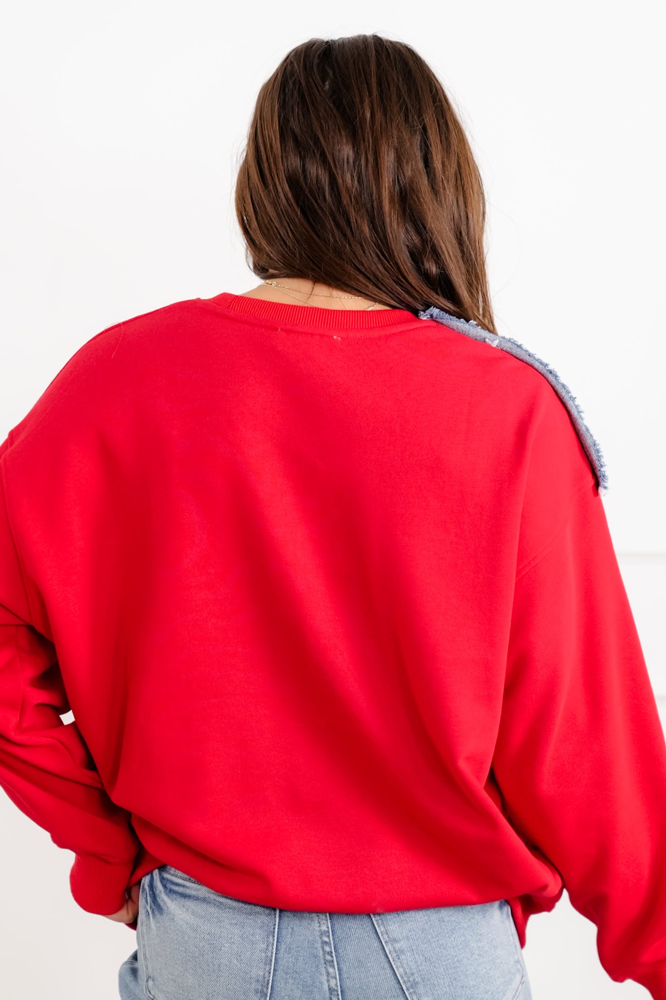 Red Long Sleeve Sweatshirt with American Flag Detail