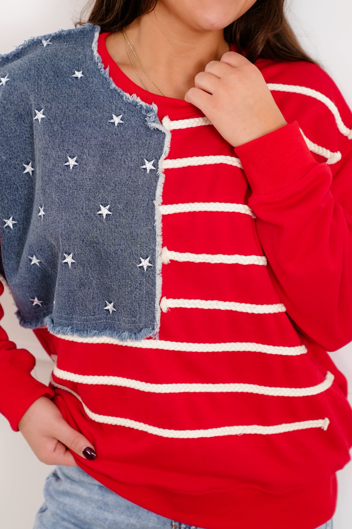 Red Long Sleeve Sweatshirt with American Flag Detail