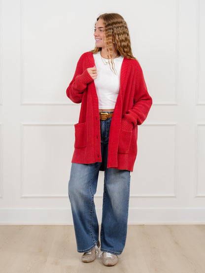 Plus/Reg Washed Red Long Sleeve Button Down Cardigan with Pockets
