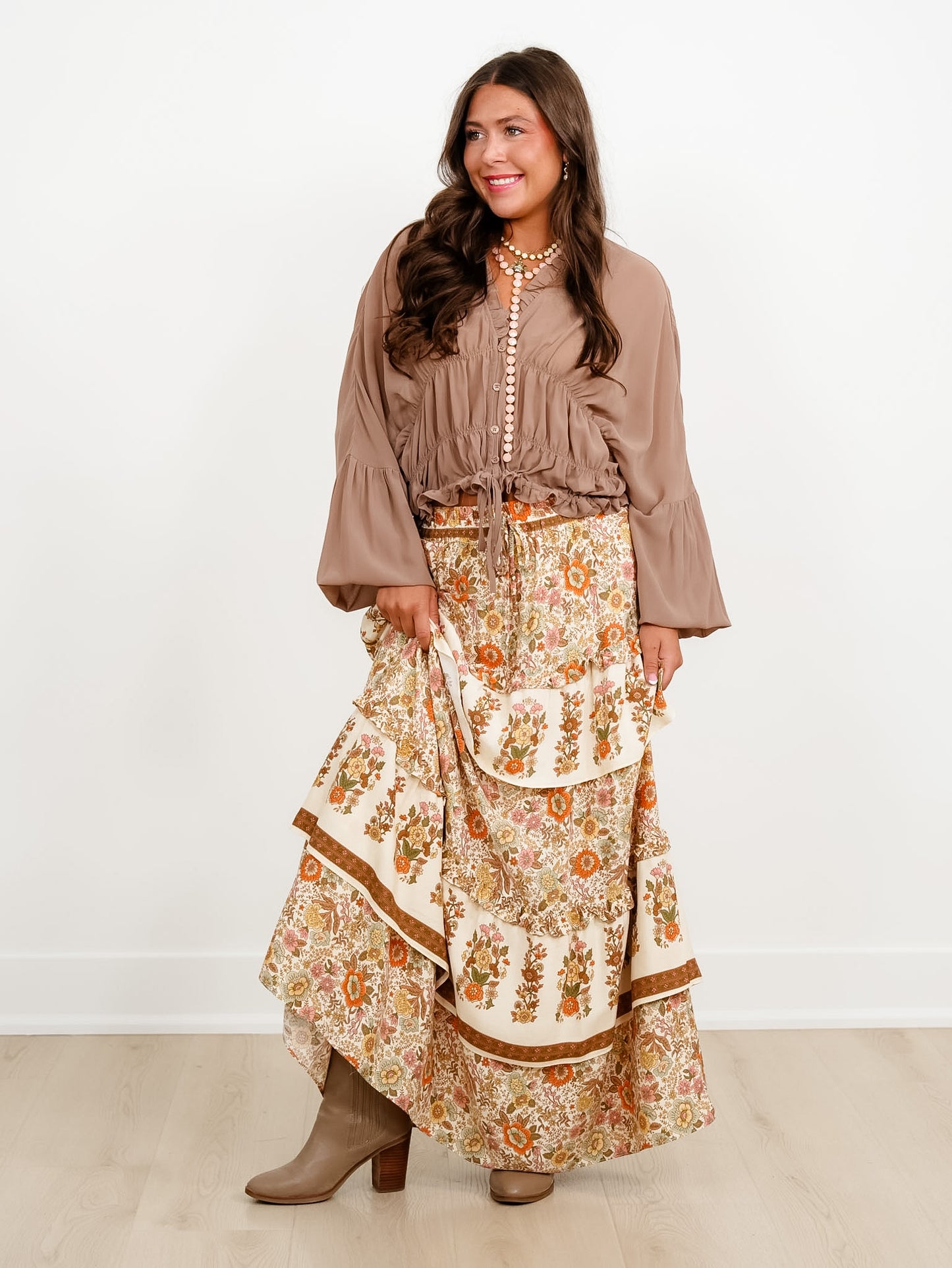 Floral Print Elastic Waist Ruffle Tiered Midi Skirt